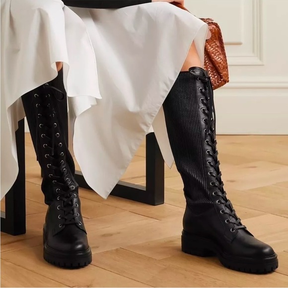 Gianvito Rossi Shoes - GIANVITO ROSSI Lace-Up Martis Combat Knee Boots Black Texture Leather Italy 37.5